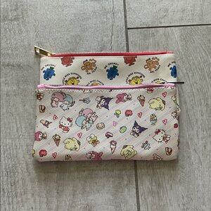 Sanrio Cream Multi-Character Double Zip Pouch with Pink and Red Accents